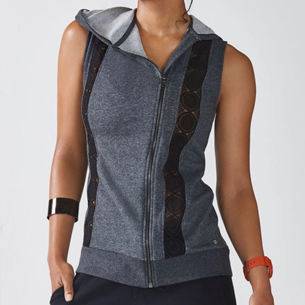 Fabletics Sage Gray Sleeveless Hooded Vest Women XS French‎ Terry Lace Zip Up